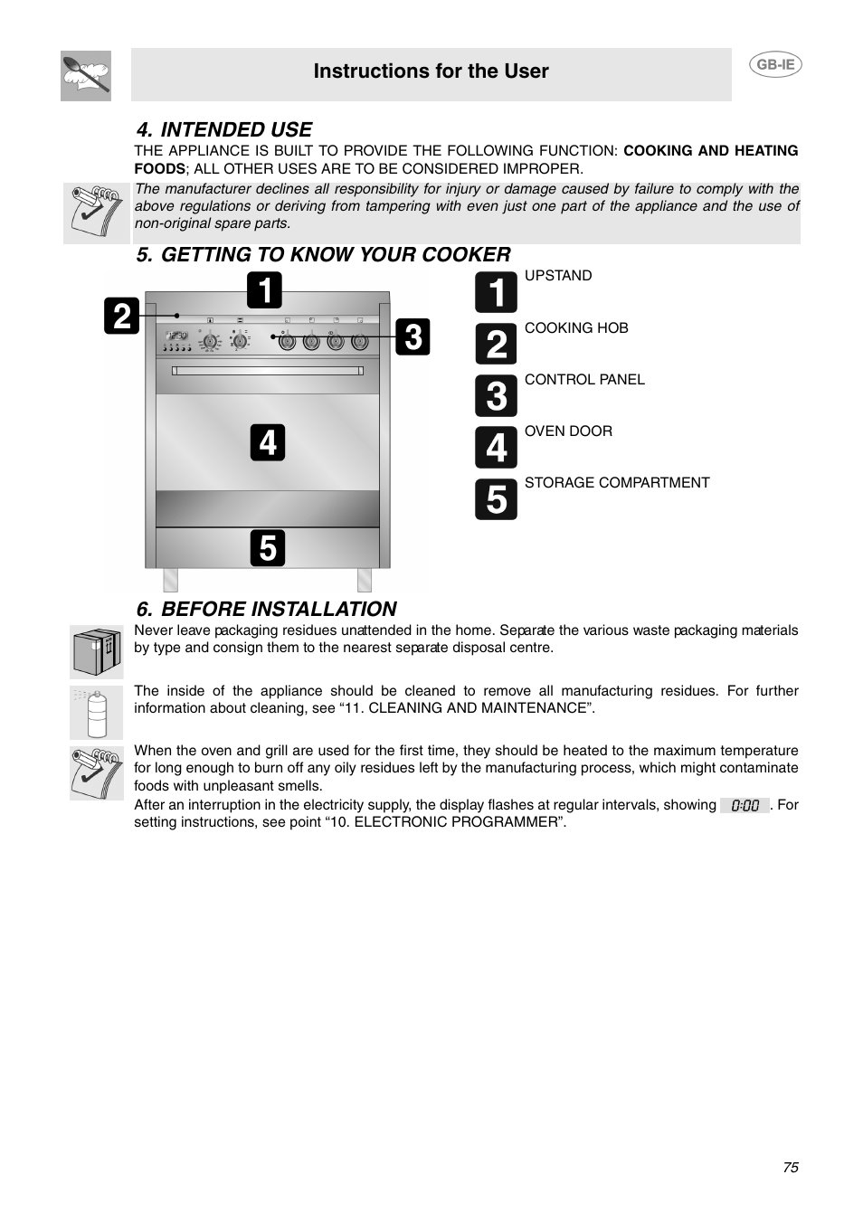 Intended use, Getting to know your cooker, Before installation | Instructions for the user | Smeg B70CMSX5 User Manual | Page 5 / 16