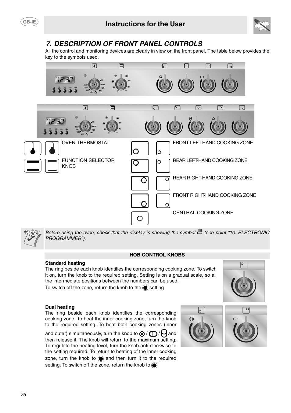 Description of front panel controls, Instructions for the user | Smeg B70CMSX5 User Manual | Page 6 / 16