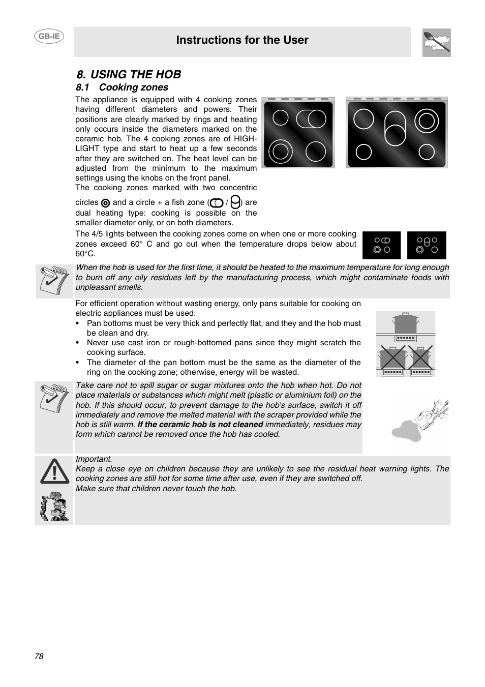 Using the hob, 1 cooking zones, Instructions for the user | Smeg B70CMSX5 User Manual | Page 8 / 16