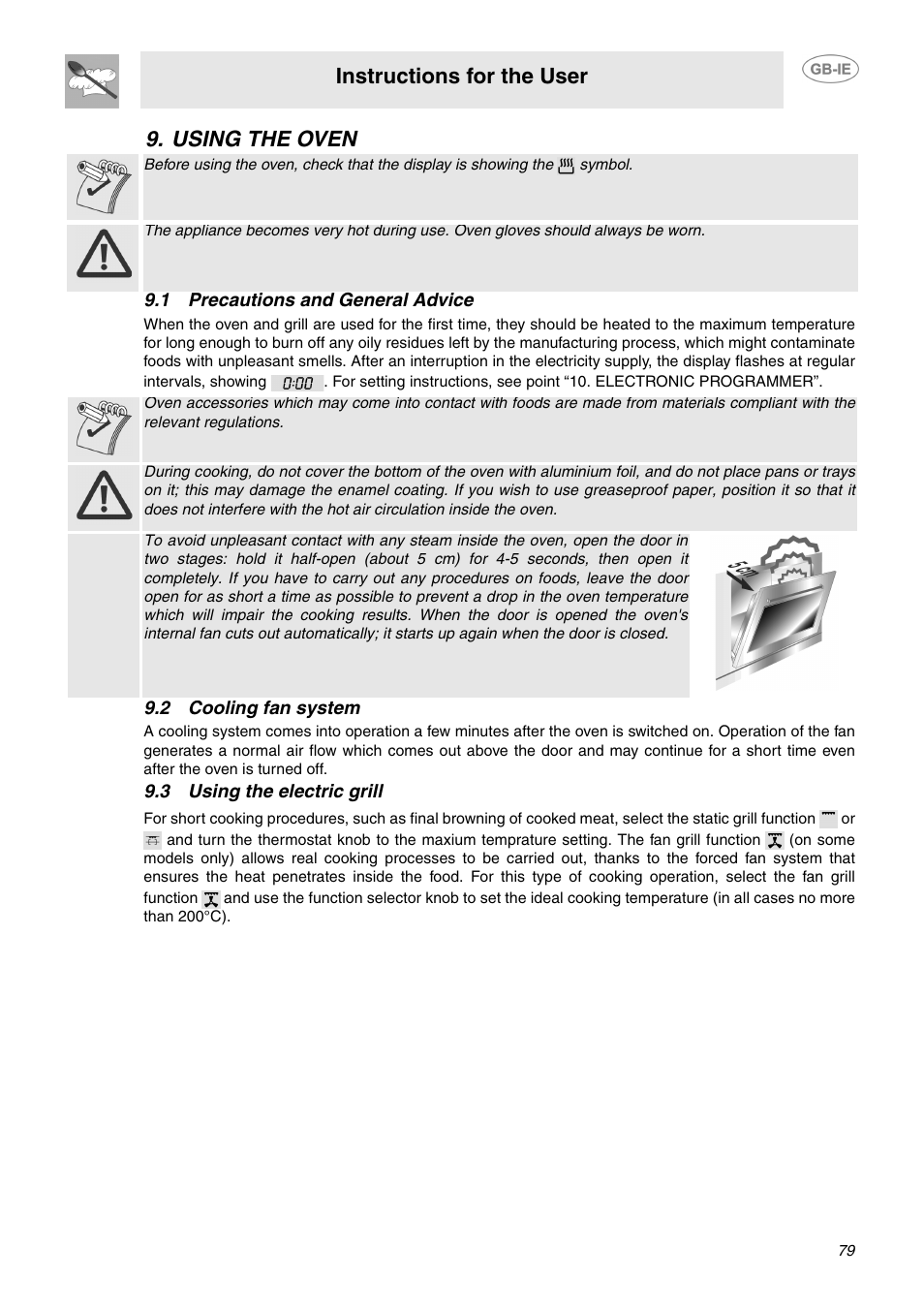 Using the oven, 1 precautions and general advice, 2 cooling fan system | 3 using the electric grill, Instructions for the user | Smeg B70CMSX5 User Manual | Page 9 / 16