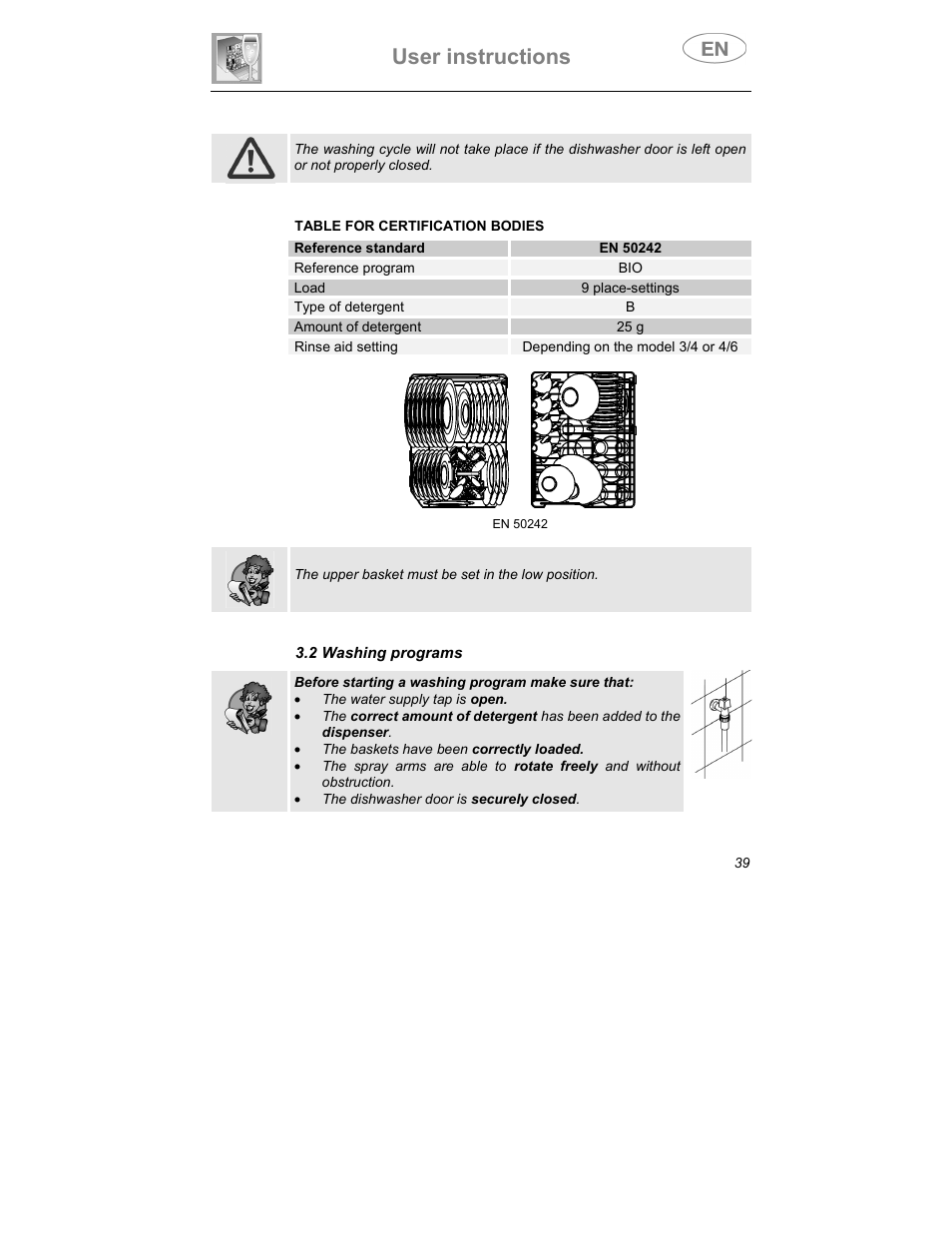 User instructions | Smeg DWI409C User Manual | Page 9 / 28