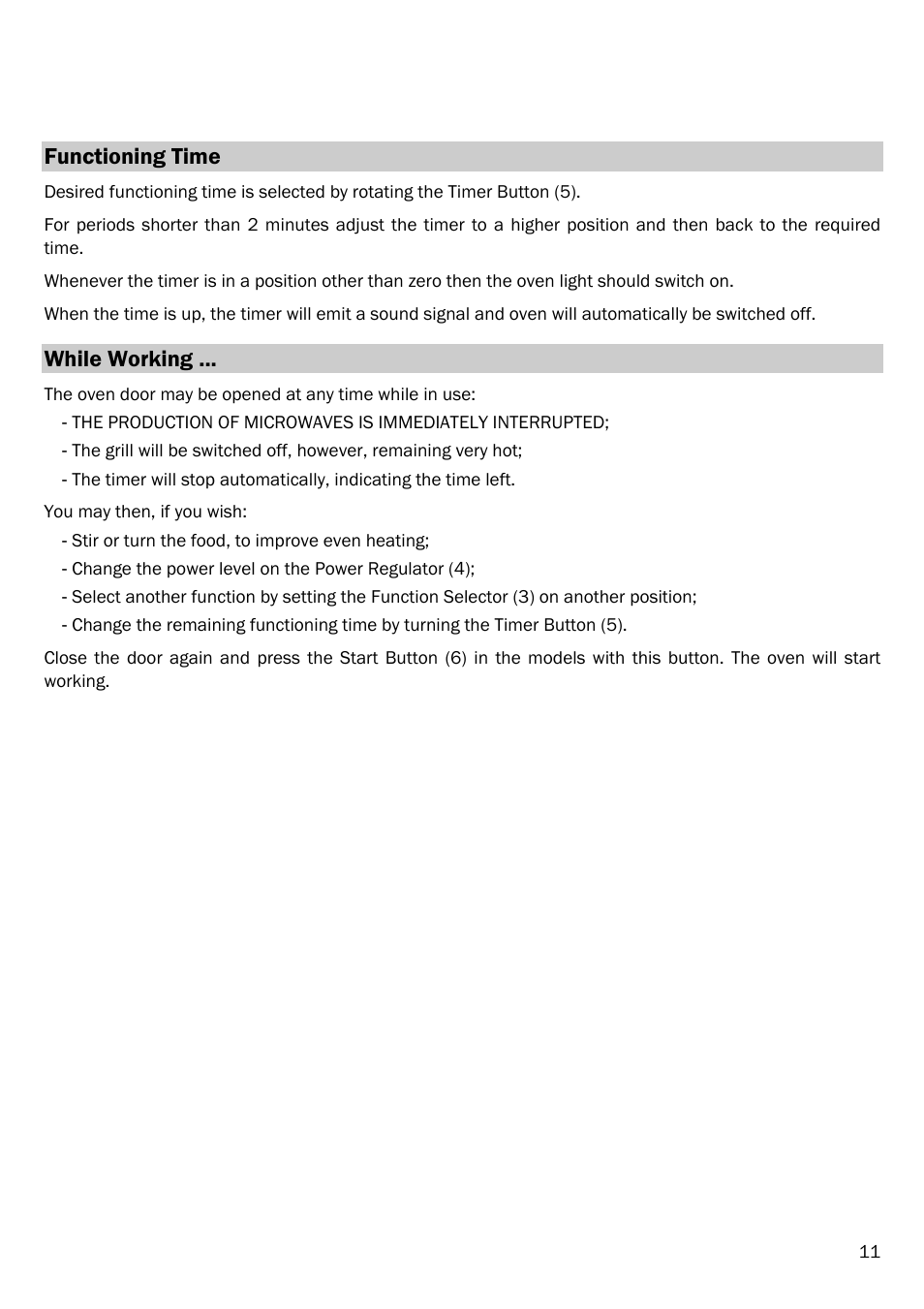 Functioning time, While working, Functioning time while working | Smeg FME18EX User Manual | Page 13 / 25