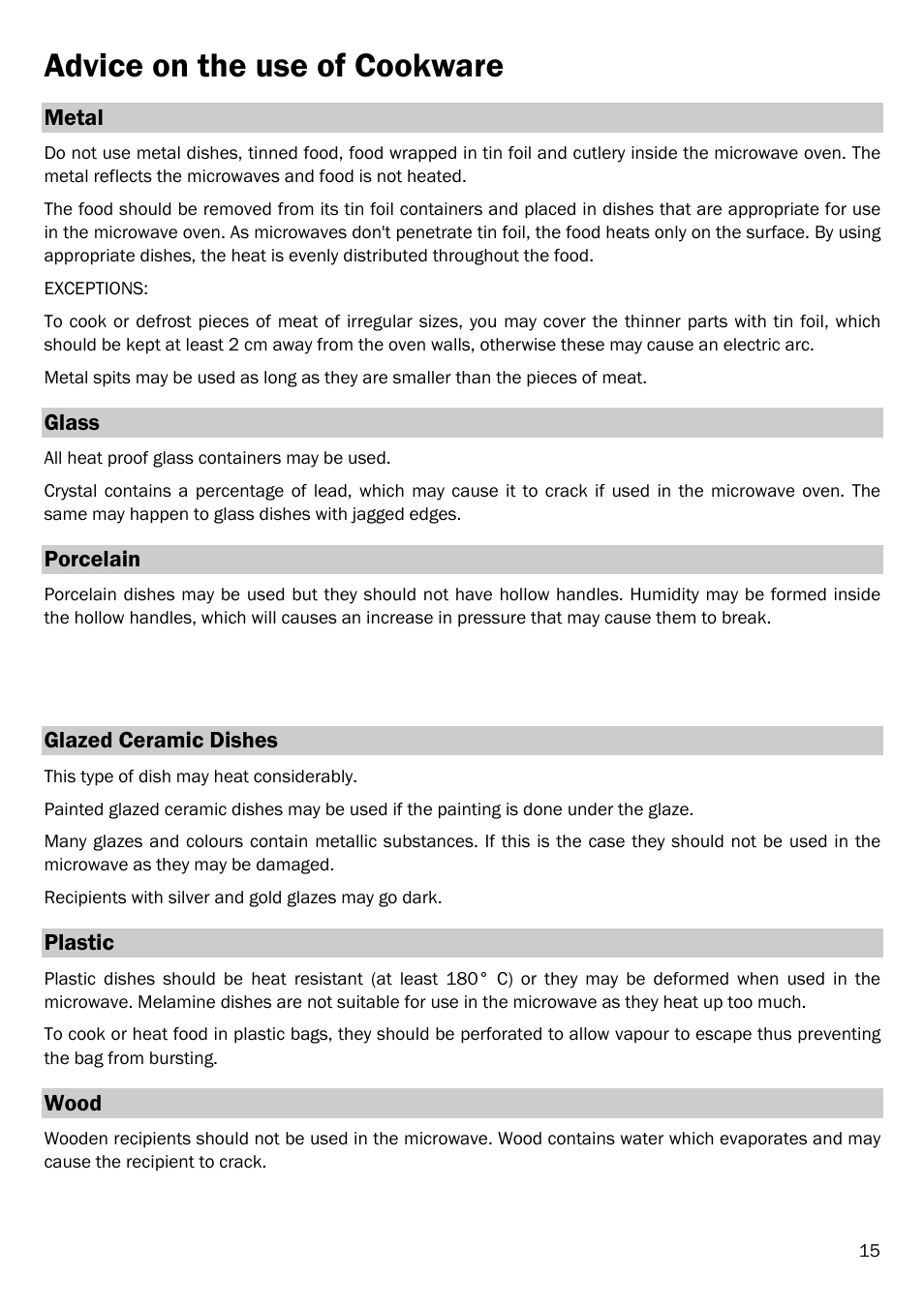 Metal, Glass, Porcelain | Glazed ceramic dishes, Plastic, Wood, Advice on the use of cookware | Smeg FME18EX User Manual | Page 17 / 25