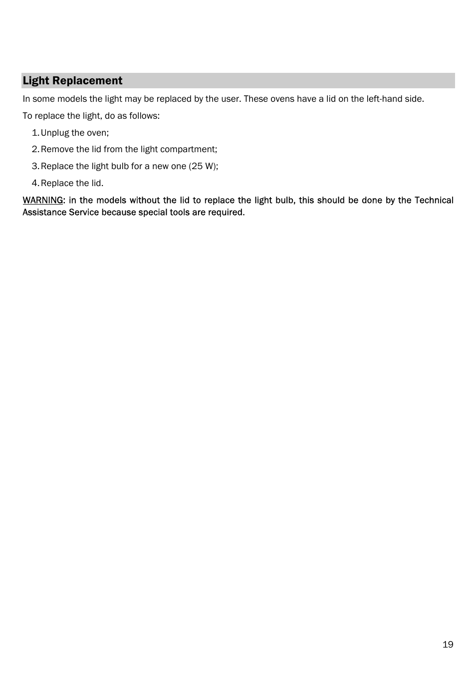 Light replacement, Official technical assis˜tance service (t.a.s.) | Smeg FME18EX User Manual | Page 21 / 25