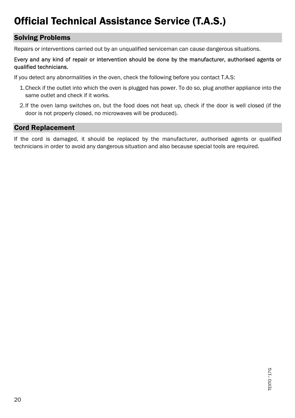 Solving problems, Cord replacement, Official technical assistance service (t.a.s.) | Smeg FME18EX User Manual | Page 22 / 25