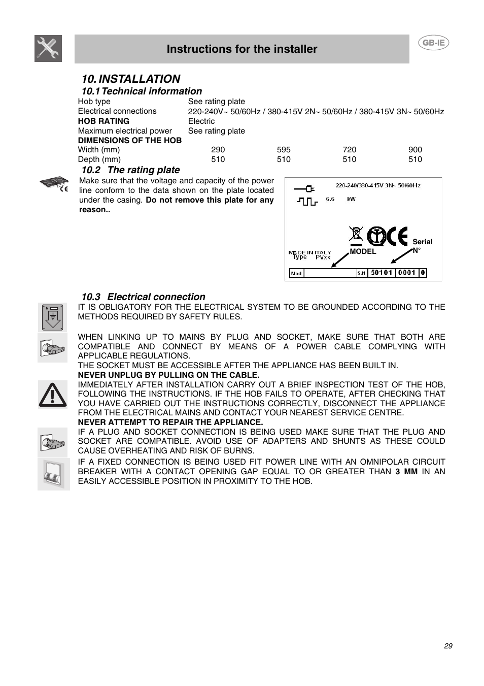 Installation, 1 technical information, 2 the rating plate | 3 electrical connection, Instructions for the installer | Smeg AP2640TC1 User Manual | Page 12 / 15