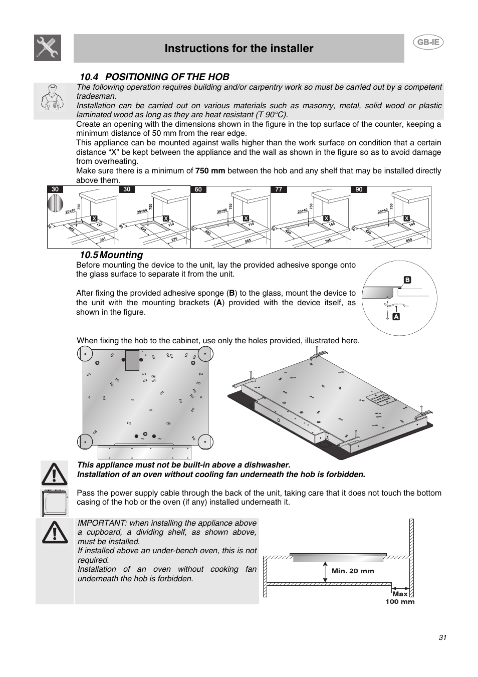 4 positioning of the hob, 5 mounting, Instructions for the installer | Smeg AP2640TC1 User Manual | Page 14 / 15