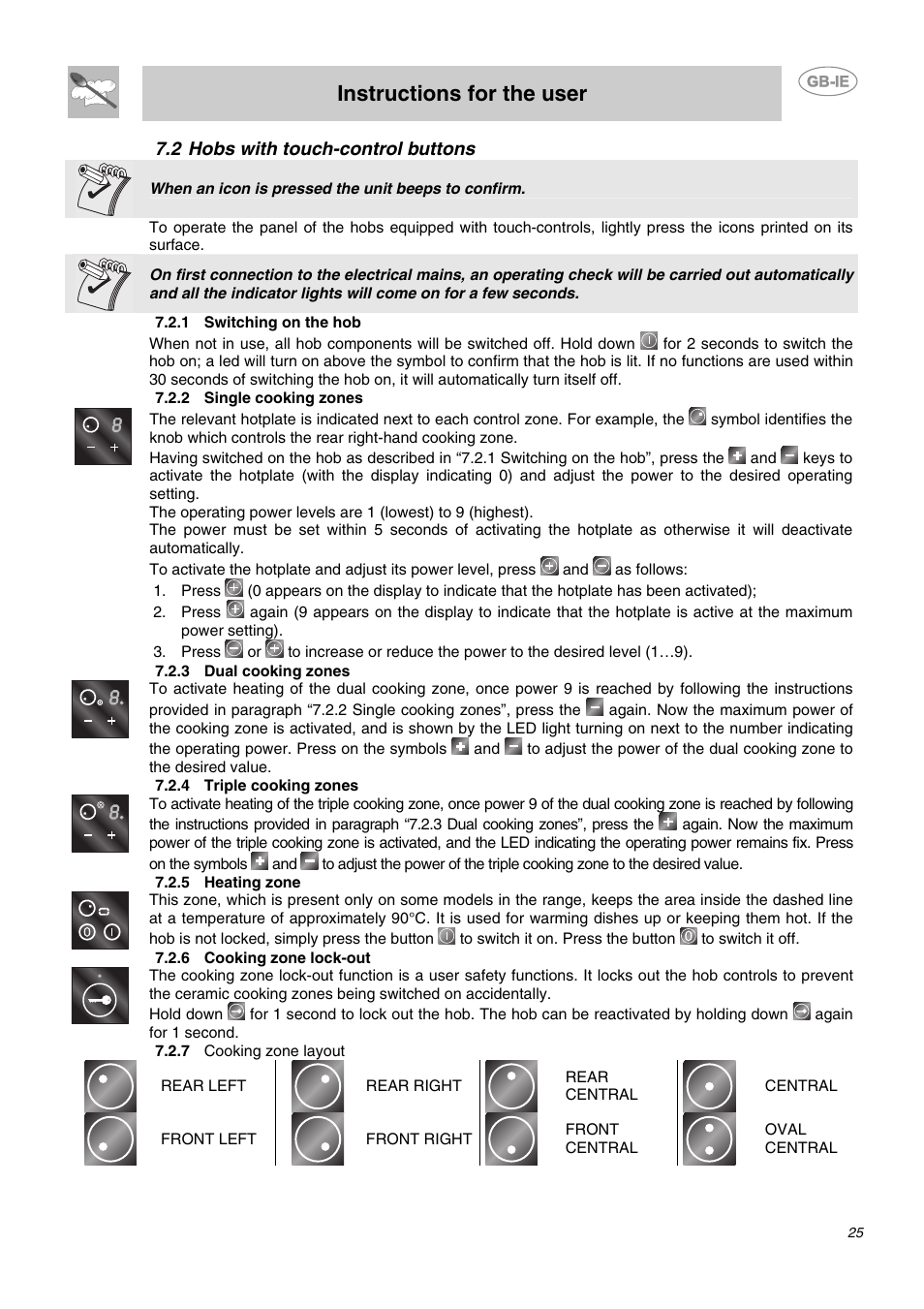 2 hobs with touch-control buttons, 1 switching on the hob, 2 single cooking zones | 3 dual cooking zones, 4 triple cooking zones, 5 heating zone, 6 cooking zone lock-out, 7 cooking zone layout, Instructions for the user | Smeg AP2640TC1 User Manual | Page 8 / 15