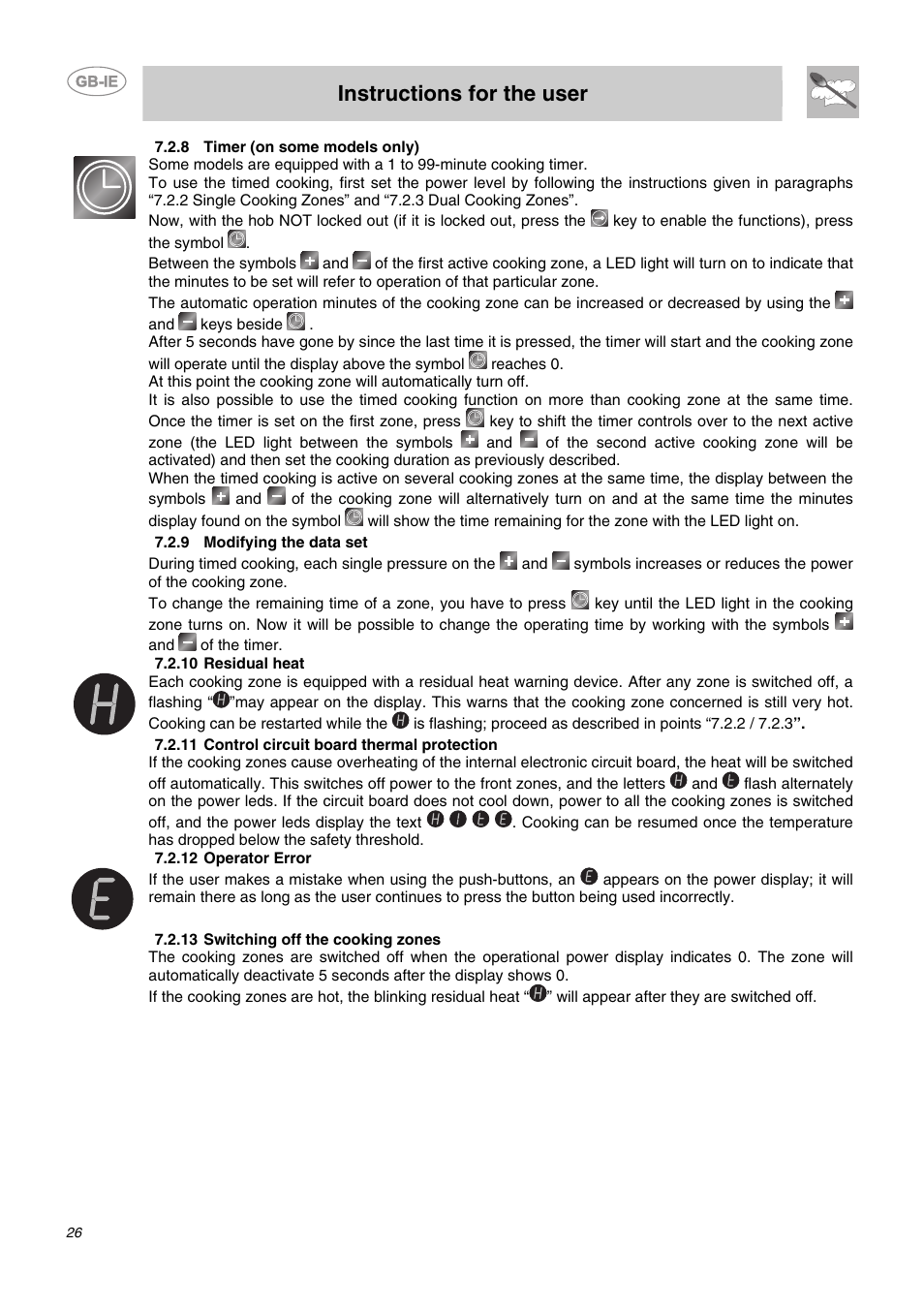 8 timer (on some models only), 9 modifying the data set, 10 residual heat | 11 control circuit board thermal protection, 12 operator error, 13 switching off the cooking zones, Instructions for the user | Smeg AP2640TC1 User Manual | Page 9 / 15