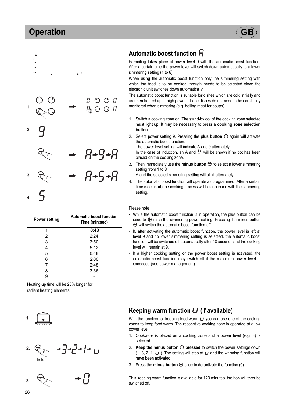 Operation gb, Automatic boost function, Keeping warm function (if available) | Smeg Glass Ceramic Induction Hob SE2642ID2 User Manual | Page 10 / 17