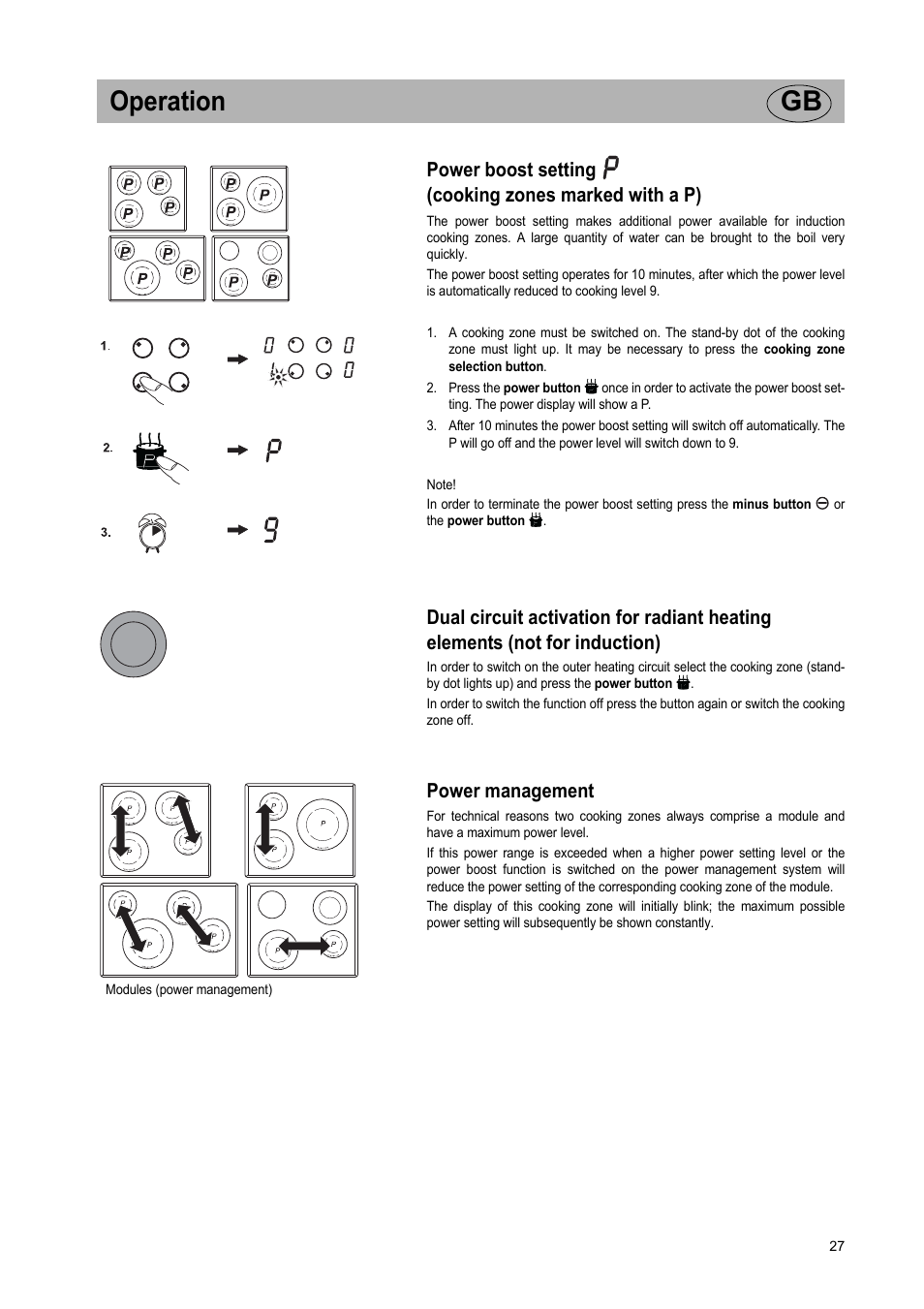 Operation gb, Power management | Smeg Glass Ceramic Induction Hob SE2642ID2 User Manual | Page 11 / 17