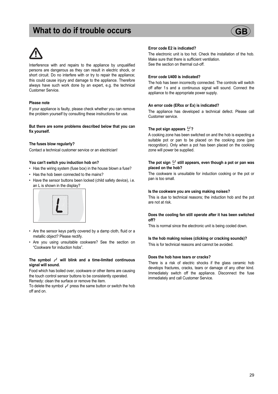 What to do if trouble occurs gb | Smeg Glass Ceramic Induction Hob SE2642ID2 User Manual | Page 13 / 17