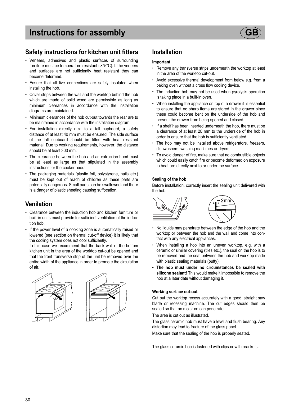 Instructions for assembly gb, Safety instructions for kitchen unit fitters, Venilation | Installation | Smeg Glass Ceramic Induction Hob SE2642ID2 User Manual | Page 14 / 17