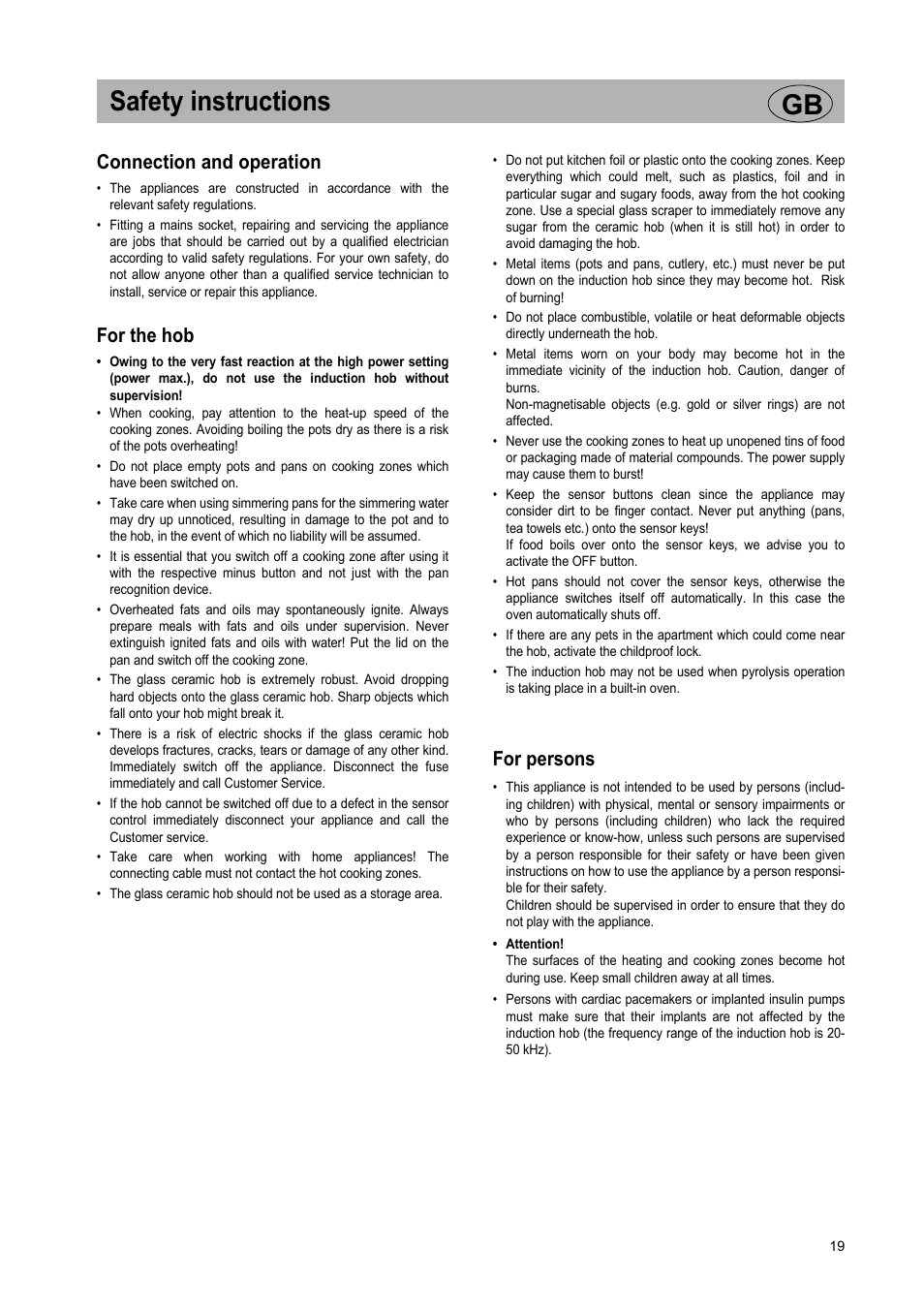Safety instructions gb, Connection and operation, For the hob | For persons | Smeg Glass Ceramic Induction Hob SE2642ID2 User Manual | Page 3 / 17