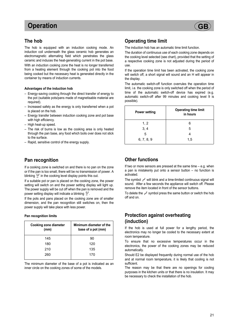 Operation gb, The hob, Pan recognition | Operating time limit, Other functions, Protection against overheating (induction) | Smeg Glass Ceramic Induction Hob SE2642ID2 User Manual | Page 5 / 17