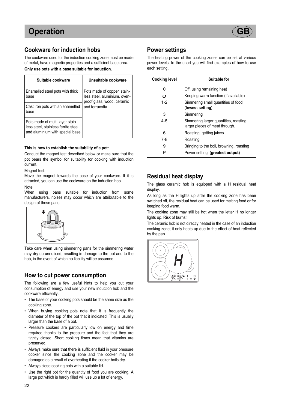 Operation gb, Cookware for induction hobs, How to cut power consumption | Power settings, Residual heat display | Smeg Glass Ceramic Induction Hob SE2642ID2 User Manual | Page 6 / 17