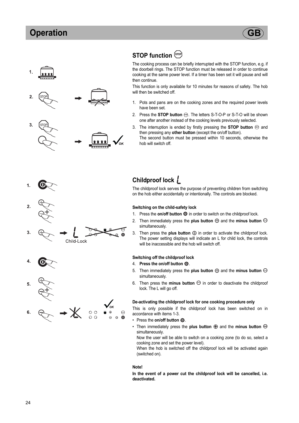 Operation gb, Stop function, Childproof lock | Smeg Glass Ceramic Induction Hob SE2642ID2 User Manual | Page 8 / 17