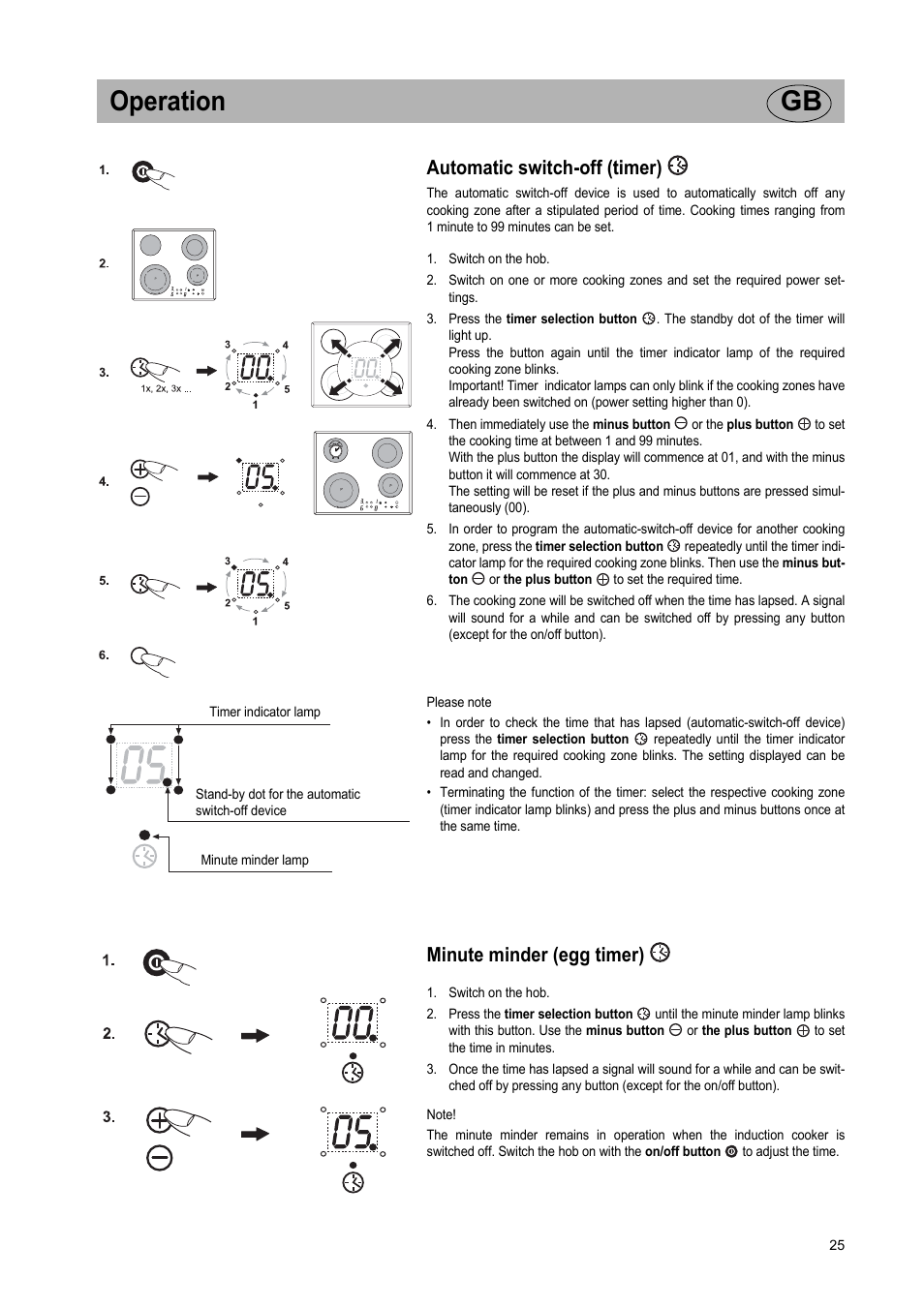 Operation gb, Automatic switch-off (timer), Minute minder (egg timer) | Smeg Glass Ceramic Induction Hob SE2642ID2 User Manual | Page 9 / 17