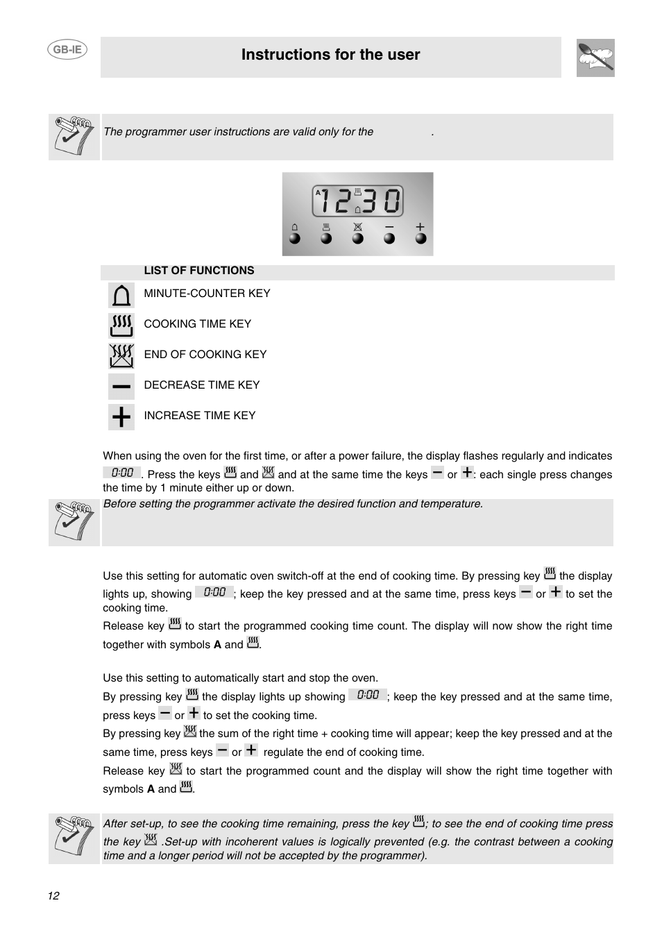 Electronic programmer, 1 clock adjustment, 2 semiautomatic cooking | 3 automatic cooking, Instructions for the user | Smeg CC92MFX6 User Manual | Page 10 / 20