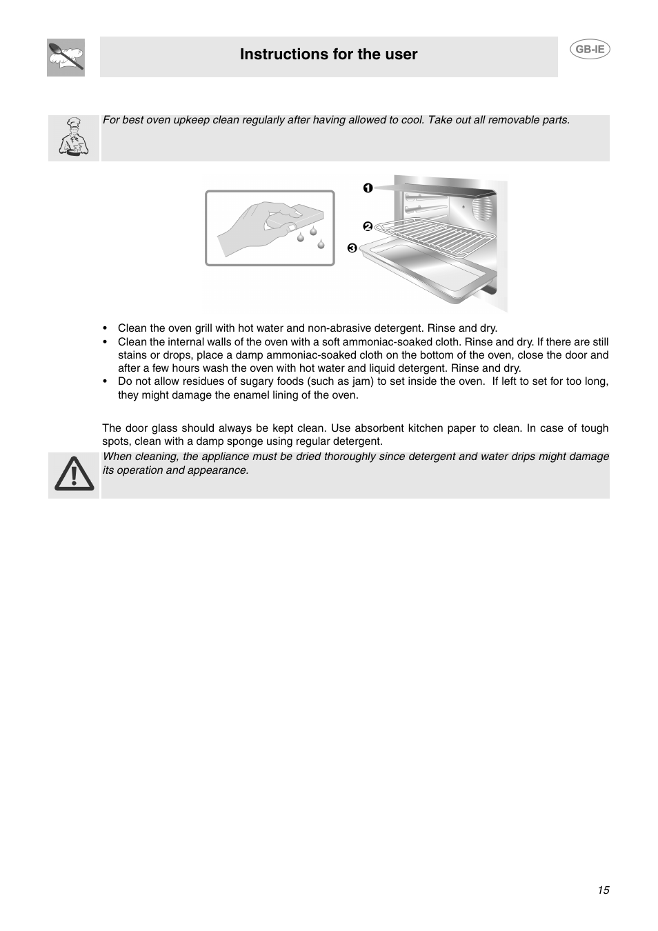 5 cleaning of oven, 6 door glass, 5 cleaning of oven 11.6 door glass | Instructions for the user | Smeg CC92MFX6 User Manual | Page 13 / 20