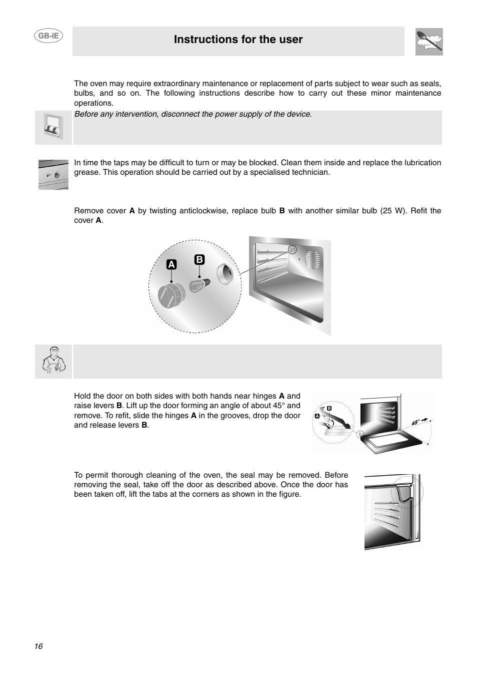 Extraordinary maintenance, 1 lubrication of the taps, 2 replacement of light bulb | 3 removing the door, 4 oven door seal, Instructions for the user | Smeg CC92MFX6 User Manual | Page 14 / 20