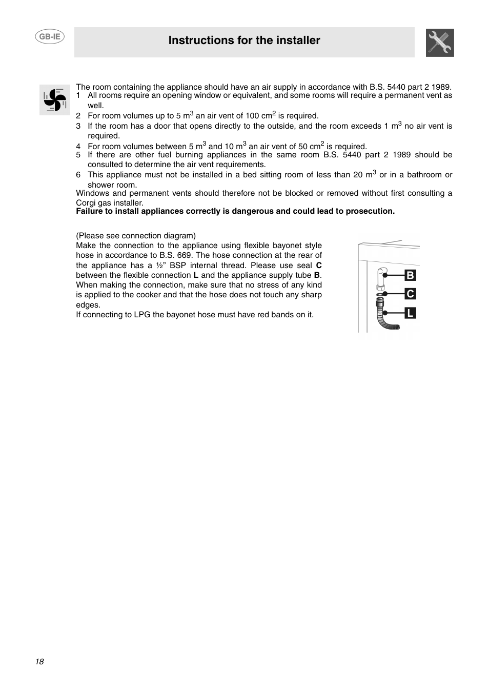 2 ventilation requirements, 3 connecting to natural and lpg gas, Instructions for the installer | Smeg CC92MFX6 User Manual | Page 16 / 20