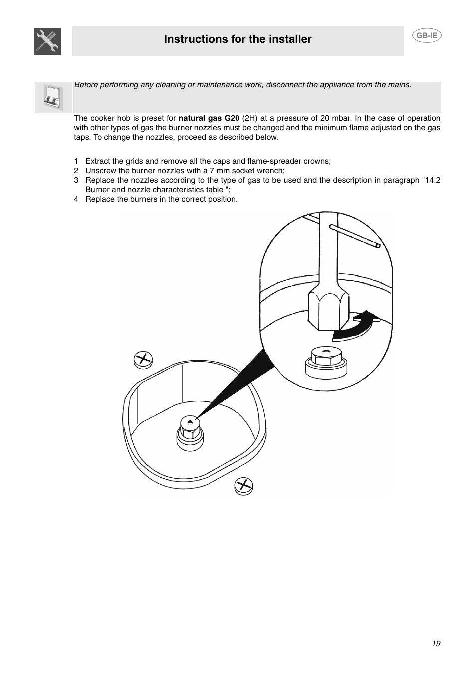 Adaptation to different types of gas, 1 replacement of nozzles on the hob, 4 replace the burners in the correct position | Instructions for the installer | Smeg CC92MFX6 User Manual | Page 17 / 20