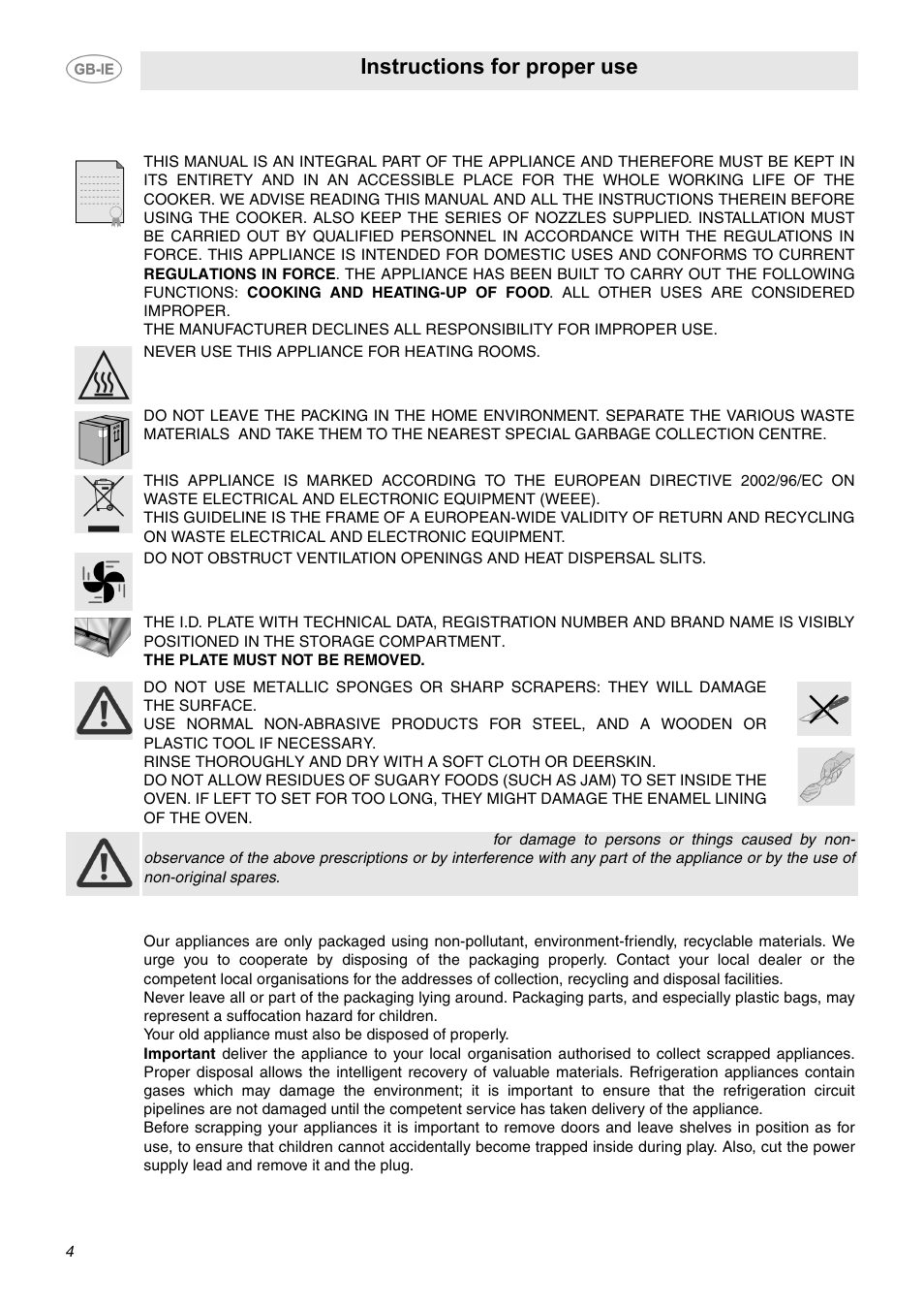 Instructions for proper use, Disposal instructions - our environment policy, Instru | Disposal instructions – our environment policy | Smeg CC92MFX6 User Manual | Page 2 / 20