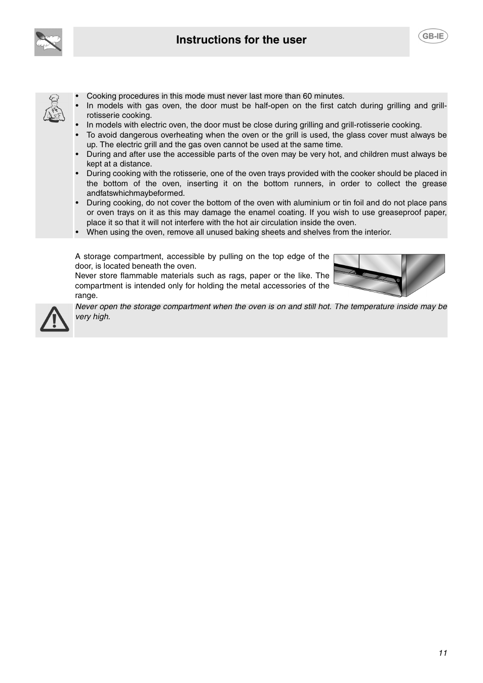 6 warning, 7 storage compartment, 6 warning 9.7 storage compartment | Instructions for the user | Smeg CC92MFX6 User Manual | Page 9 / 20