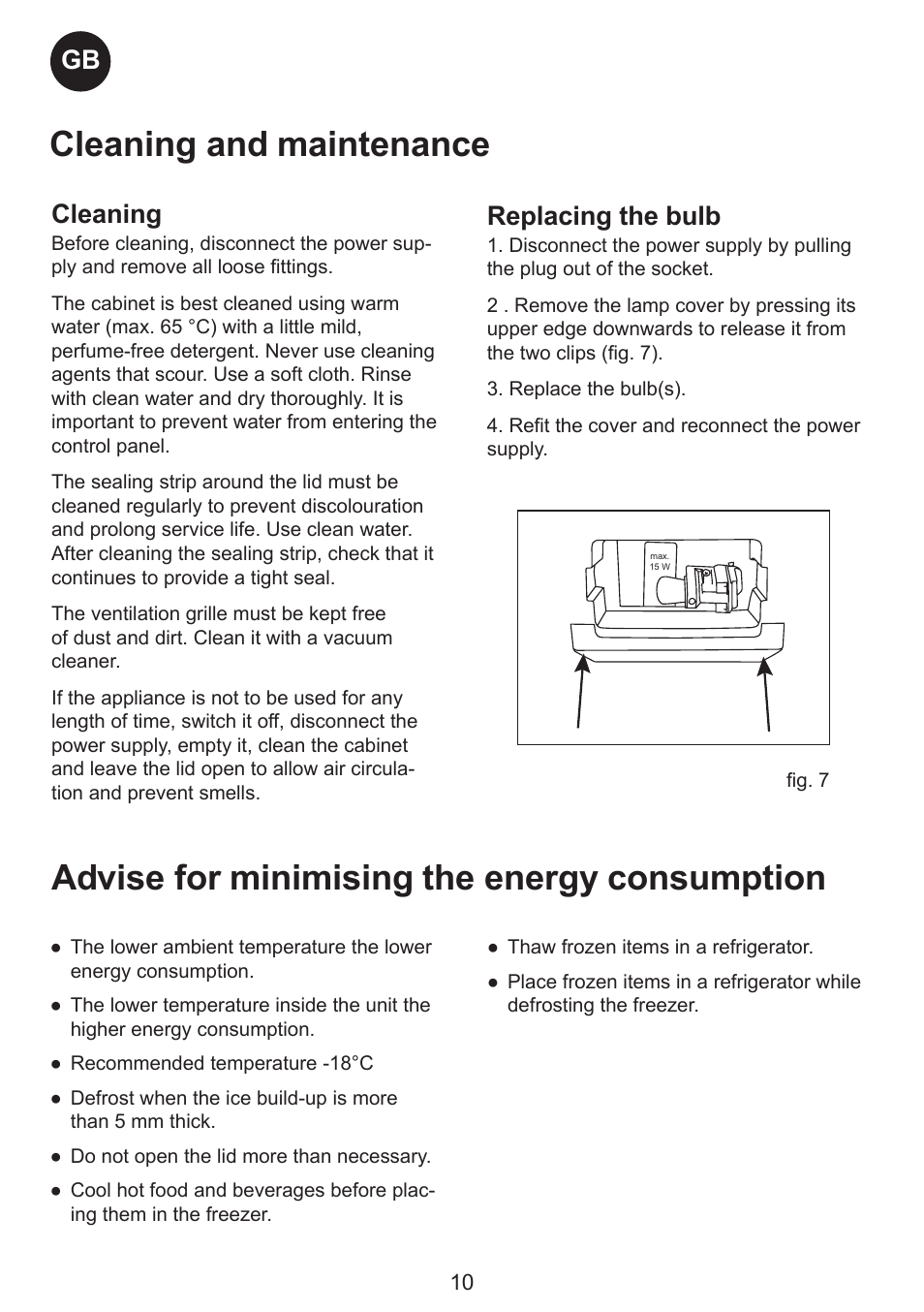 Cleaning and maintenance, Advise for minimising the energy consumption, Cleaning | Replacing the bulb | Smeg CH300 User Manual | Page 10 / 13