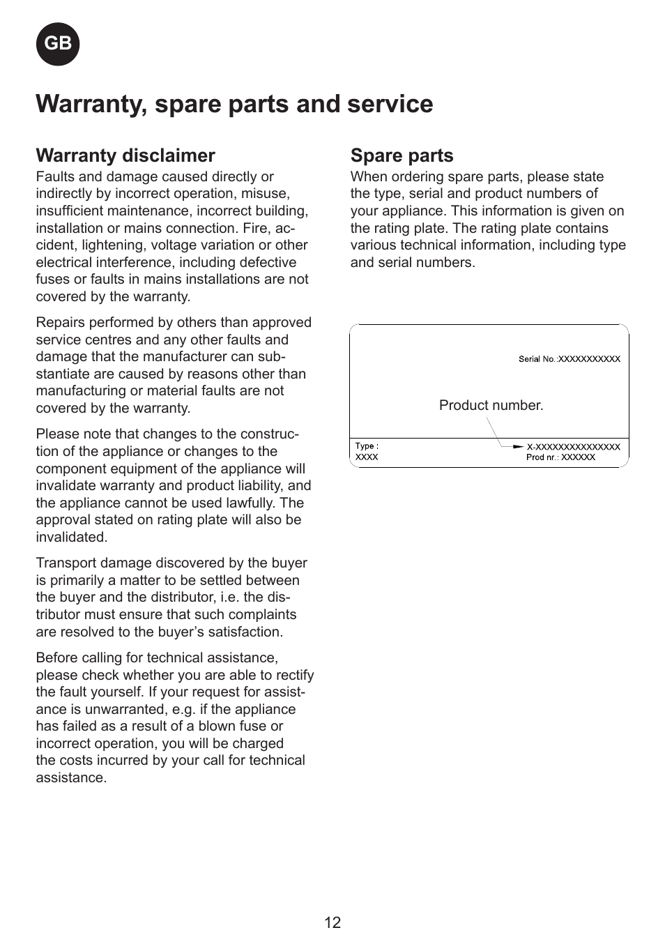 Warranty, spare parts and service, Warranty disclaimer, Spare parts | Smeg CH300 User Manual | Page 12 / 13