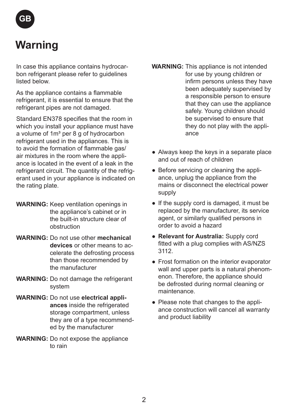 Warning | Smeg CH300 User Manual | Page 2 / 13