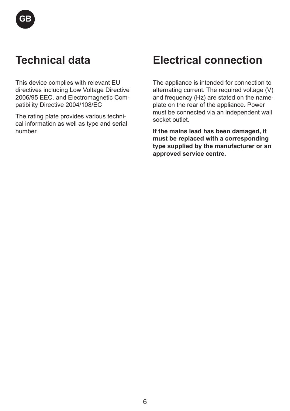 Electrical connection, Technical data | Smeg CH300 User Manual | Page 6 / 13
