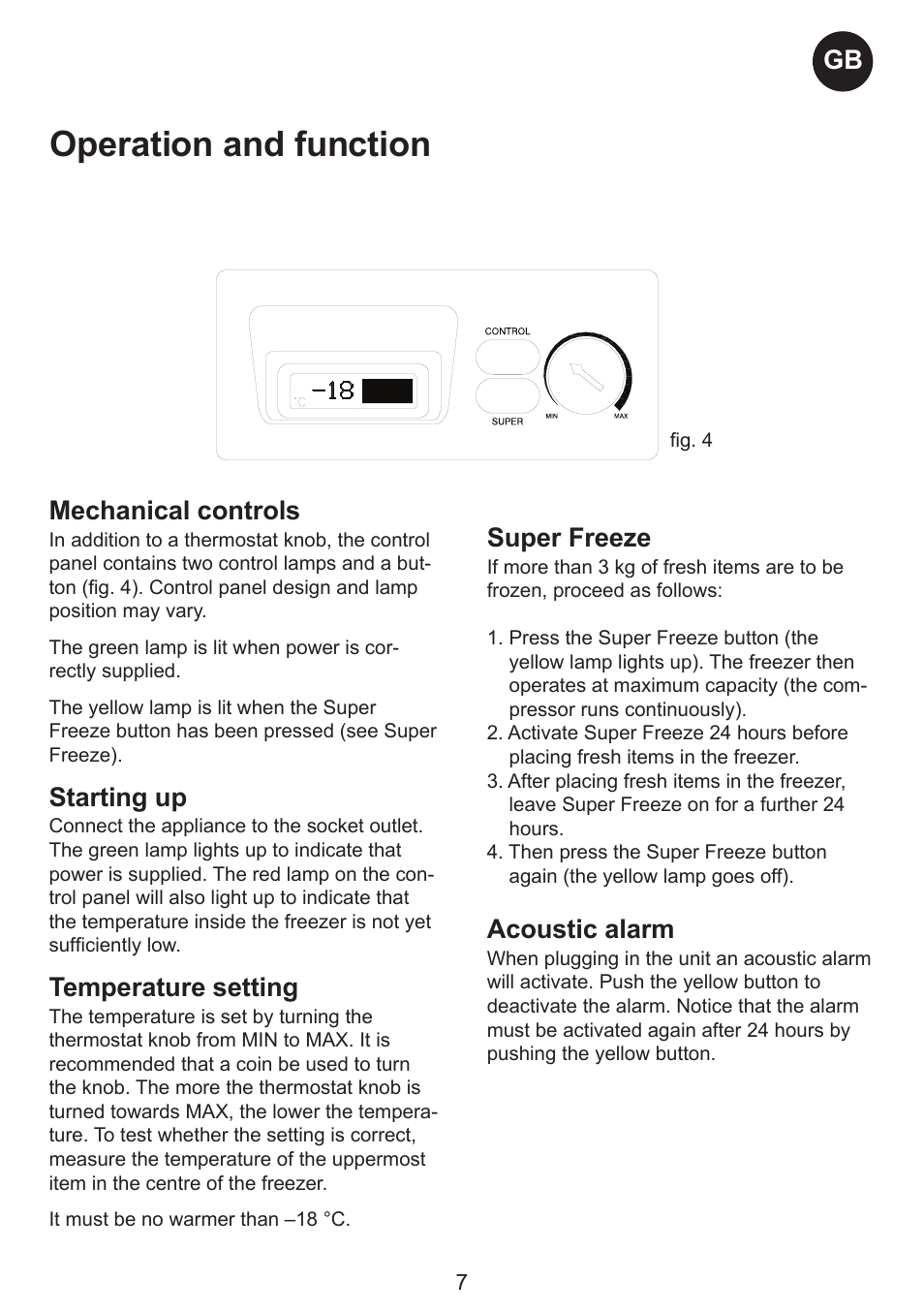 Electrical connection operation and function, Mechanical controls, Starting up | Temperature setting, Super freeze, Acoustic alarm | Smeg CH300 User Manual | Page 7 / 13