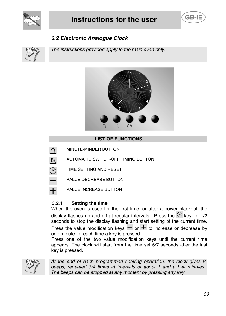 Instructions for the user, 2 electronic analogue clock | Smeg A42C-5 User Manual | Page 10 / 27