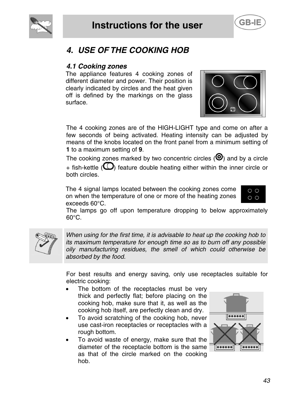 Instructions for the user, Use of the cooking hob | Smeg A42C-5 User Manual | Page 14 / 27