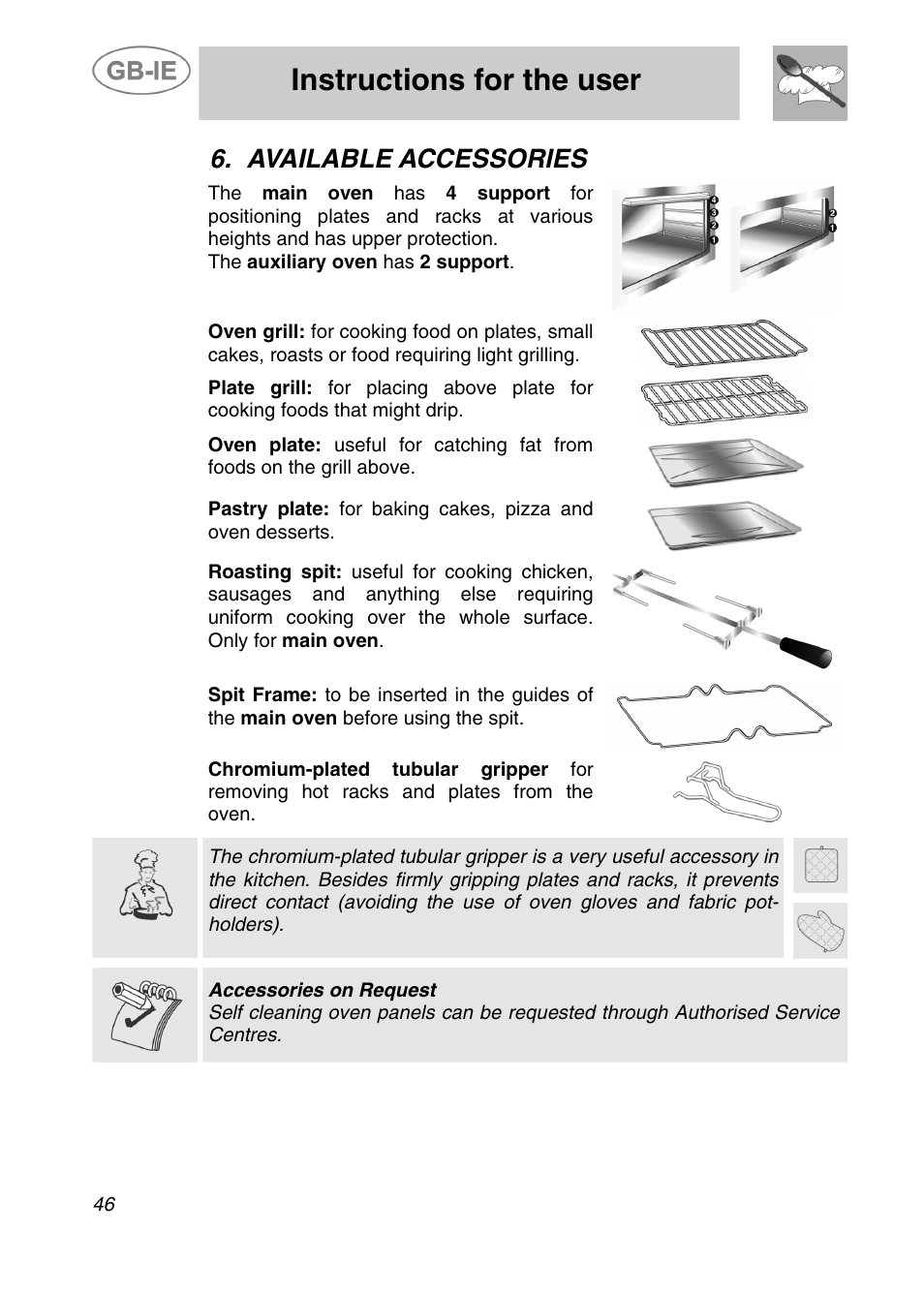 Instructions for the user, Available accessories | Smeg A42C-5 User Manual | Page 17 / 27