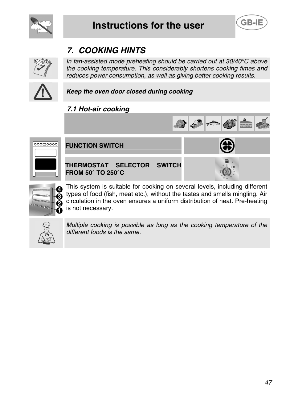 Instructions for the user, Cooking hints, 1 hot-air cooking | Smeg A42C-5 User Manual | Page 18 / 27
