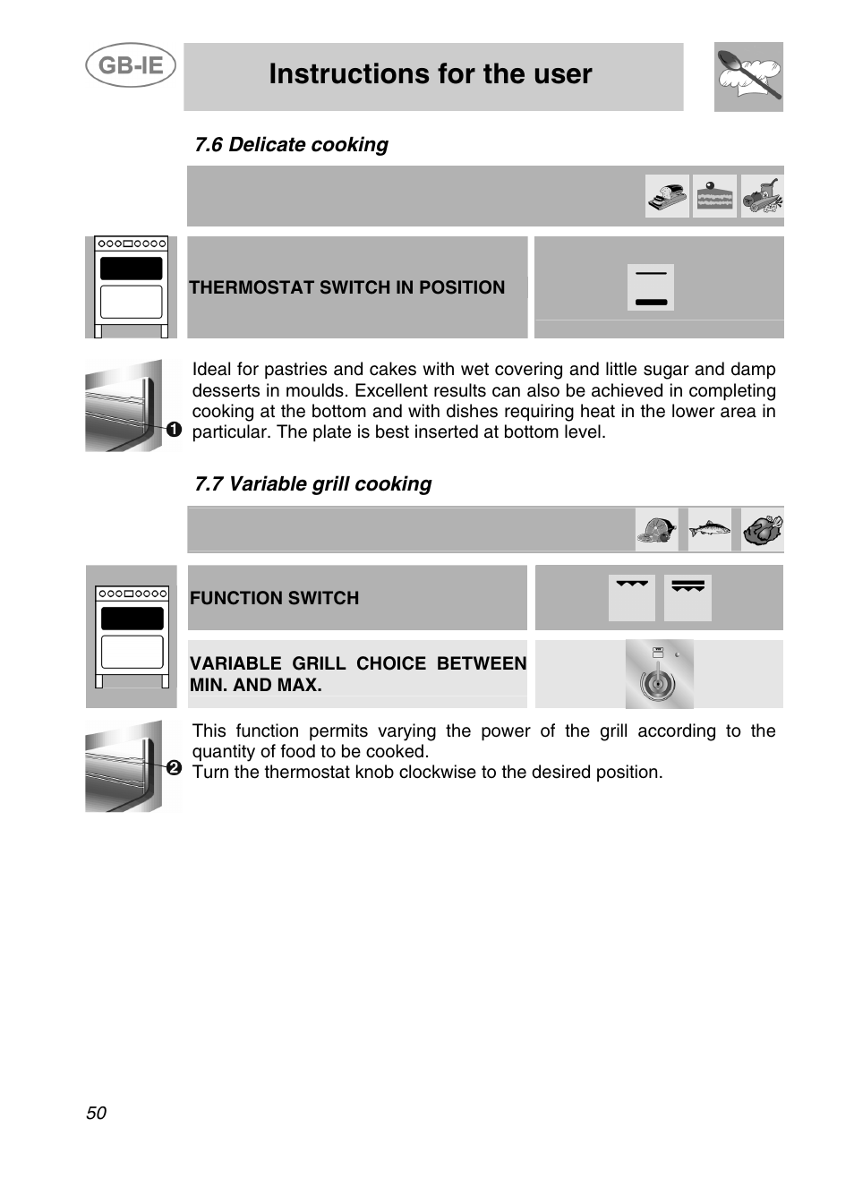 Instructions for the user, 6 delicate cooking, 7 variable grill cooking | Smeg A42C-5 User Manual | Page 21 / 27