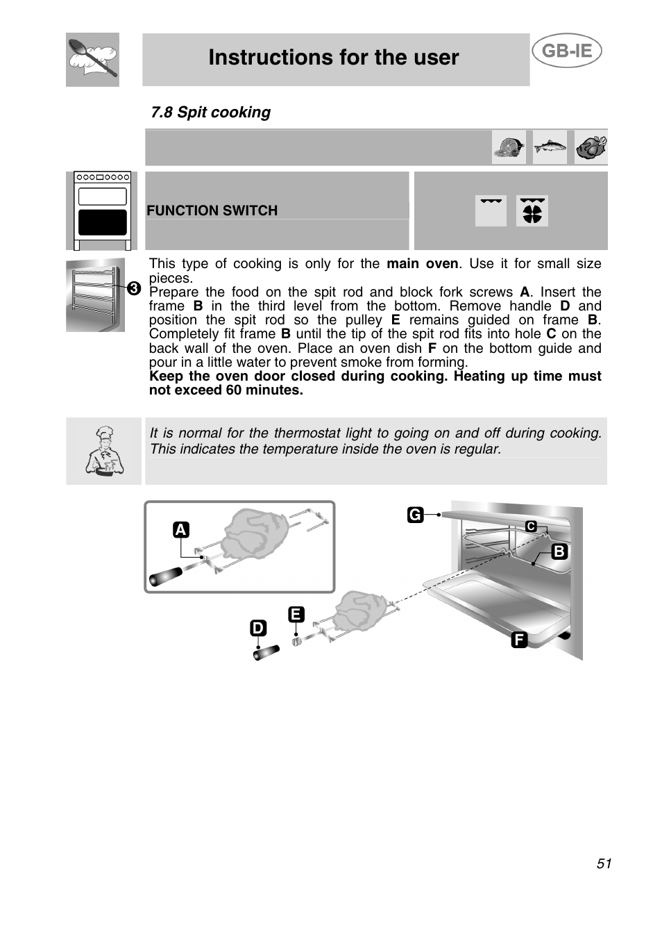 Instructions for the user, 8 spit cooking | Smeg A42C-5 User Manual | Page 22 / 27