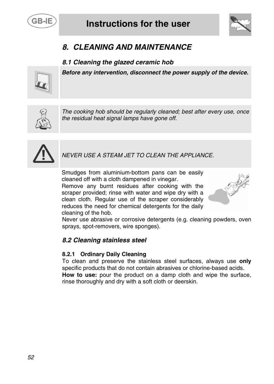 Instructions for the user, Cleaning and maintenance, 1 cleaning the glazed ceramic hob | 2 cleaning stainless steel | Smeg A42C-5 User Manual | Page 23 / 27