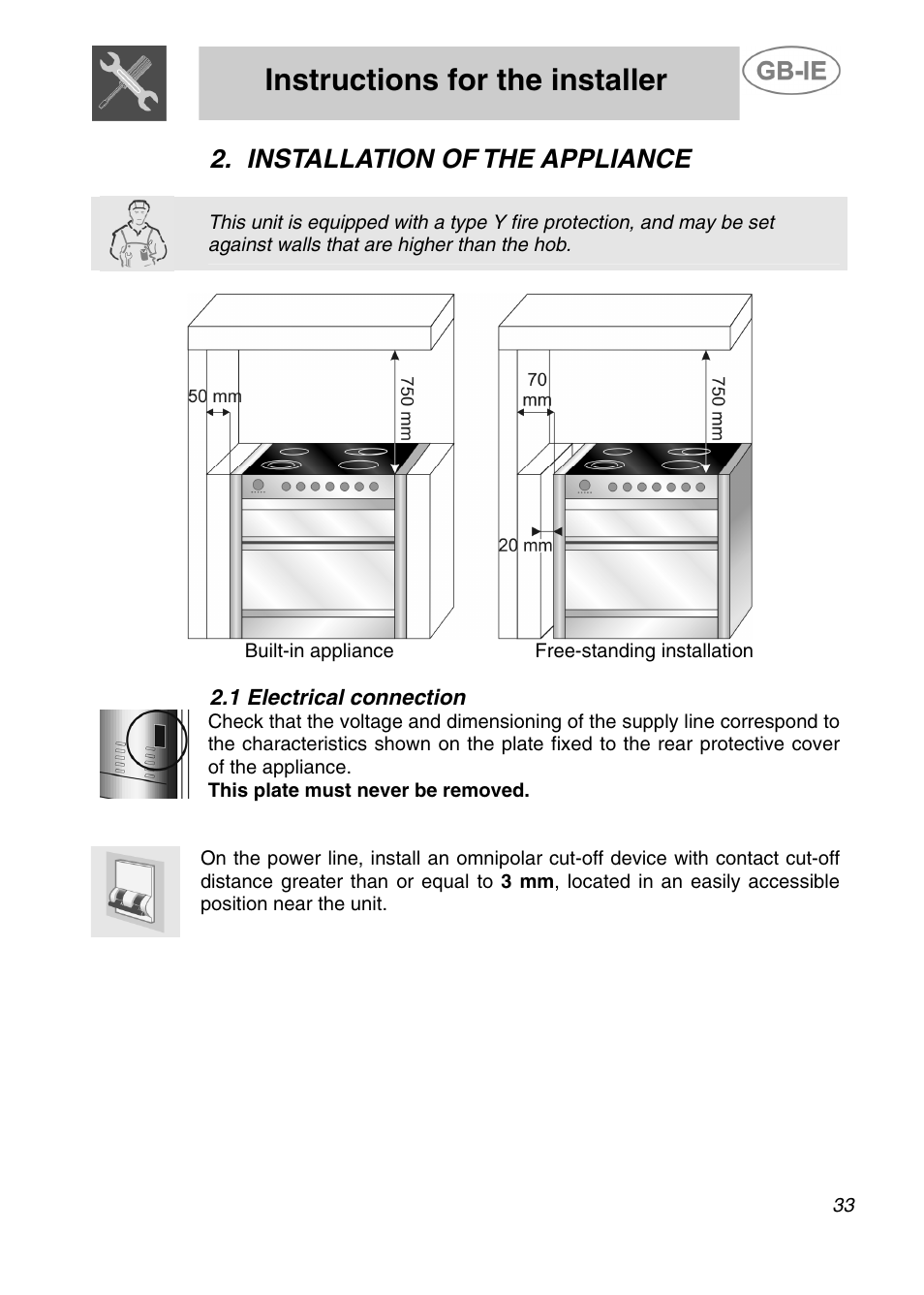Instructions for the installer, Installation of the appliance | Smeg A42C-5 User Manual | Page 4 / 27