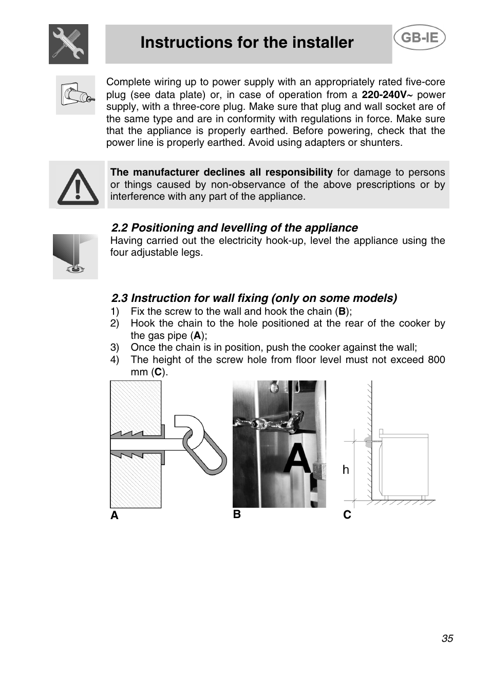 Instructions for the installer | Smeg A42C-5 User Manual | Page 6 / 27