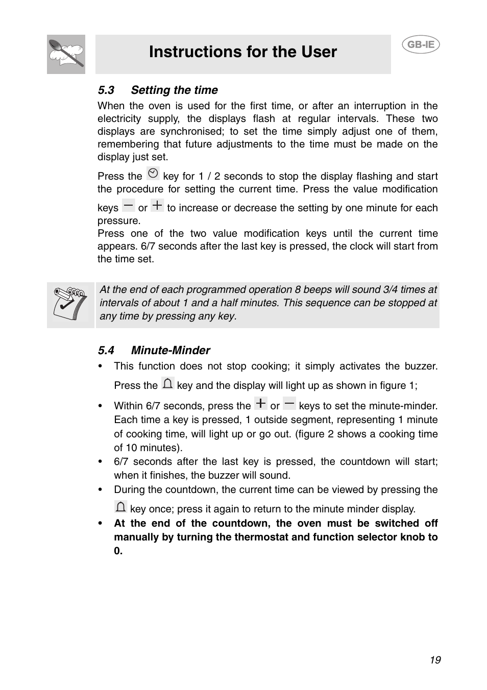 3 setting the time, 4 minute-minder, Instructions for the user | Smeg CS150SA User Manual | Page 17 / 43