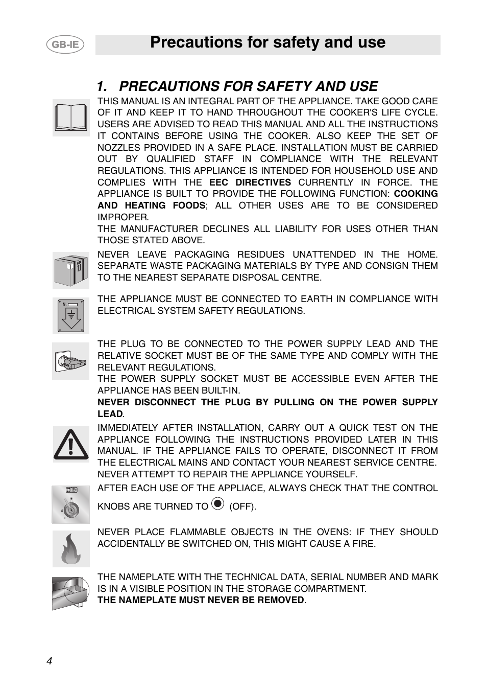 Precautions for safety and use | Smeg CS150SA User Manual | Page 2 / 43