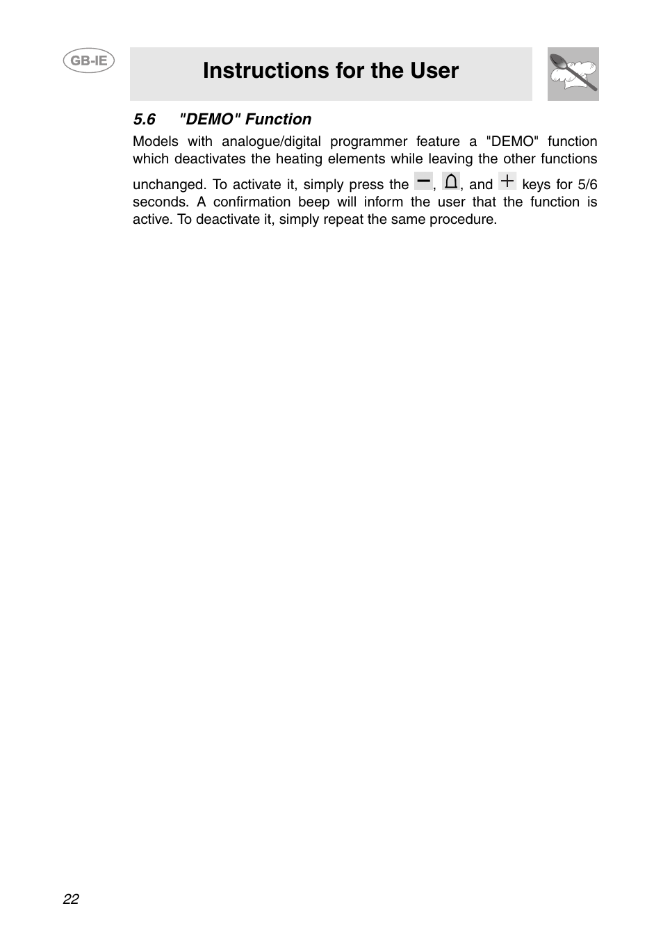 6 "demo" function, Instructions for the user | Smeg CS150SA User Manual | Page 20 / 43