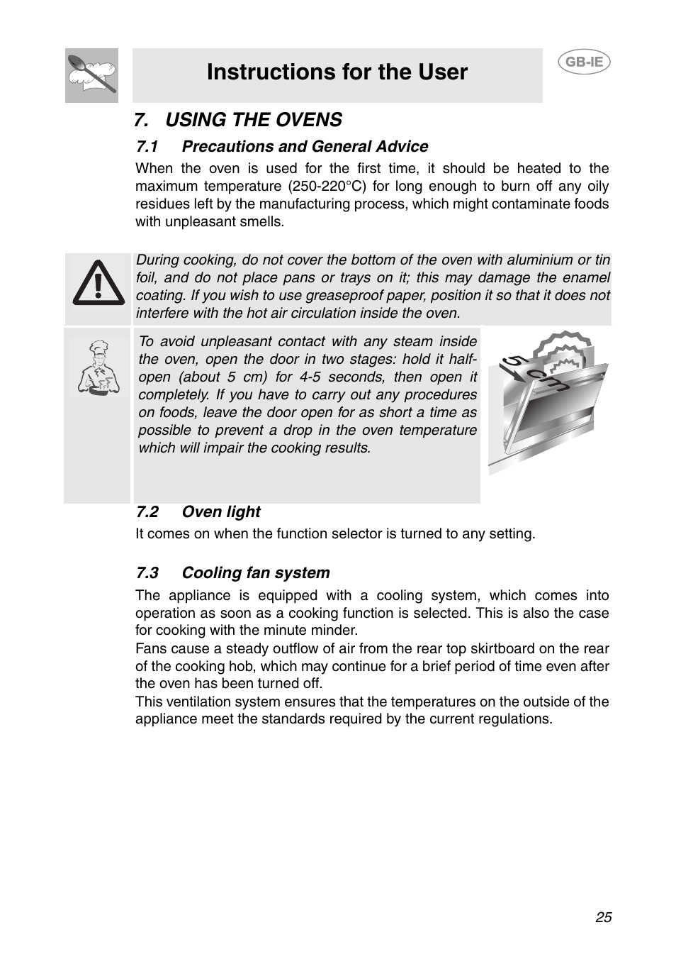 Using the ovens, 1 precautions and general advice, 2 oven light | 3 cooling fan system, Instructions for the user | Smeg CS150SA User Manual | Page 23 / 43