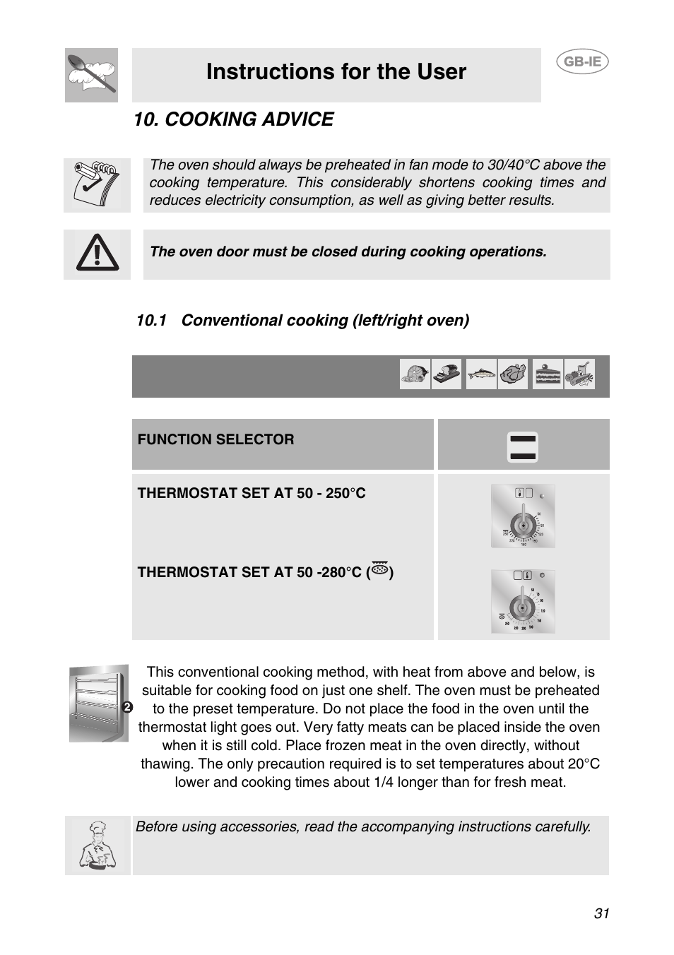 Cooking advice, 1 conventional cooking (left/right oven), Instructions for the user | Smeg CS150SA User Manual | Page 29 / 43