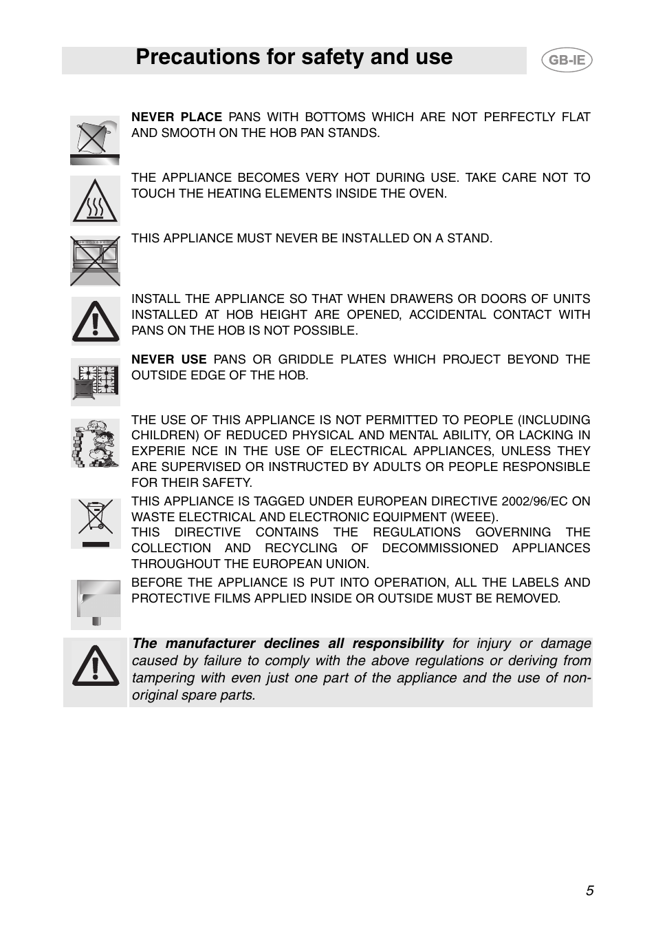 Precautions for safety and use | Smeg CS150SA User Manual | Page 3 / 43