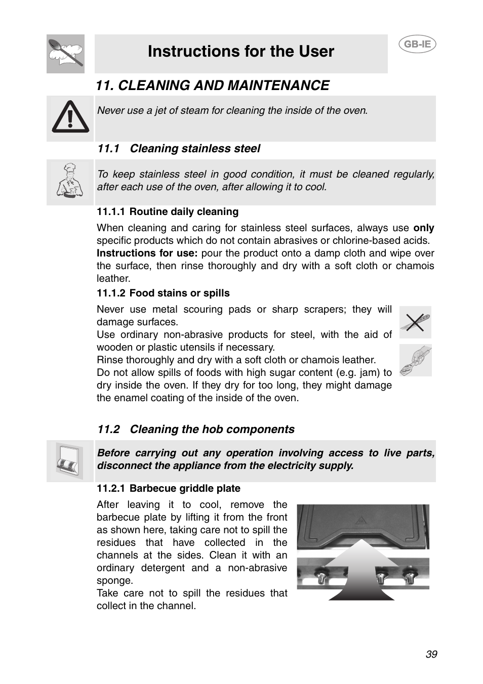 Cleaning and maintenance, 1 cleaning stainless steel, 1 routine daily cleaning | 2 food stains or spills, 2 cleaning the hob components, 1 barbecue griddle plate, Instructions for the user | Smeg CS150SA User Manual | Page 37 / 43